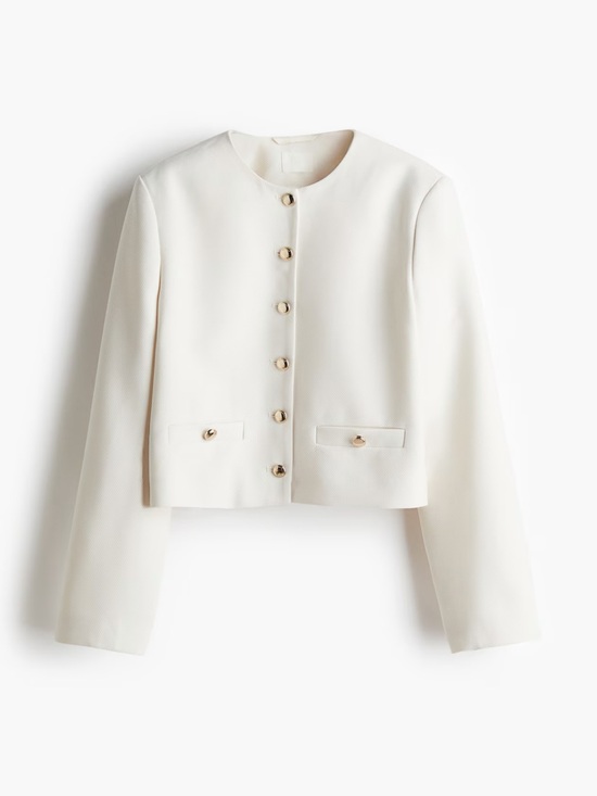 H&M Jackets & Blazers - H&M Cream Cropped Round-Neck Blazer with Gold Buttons